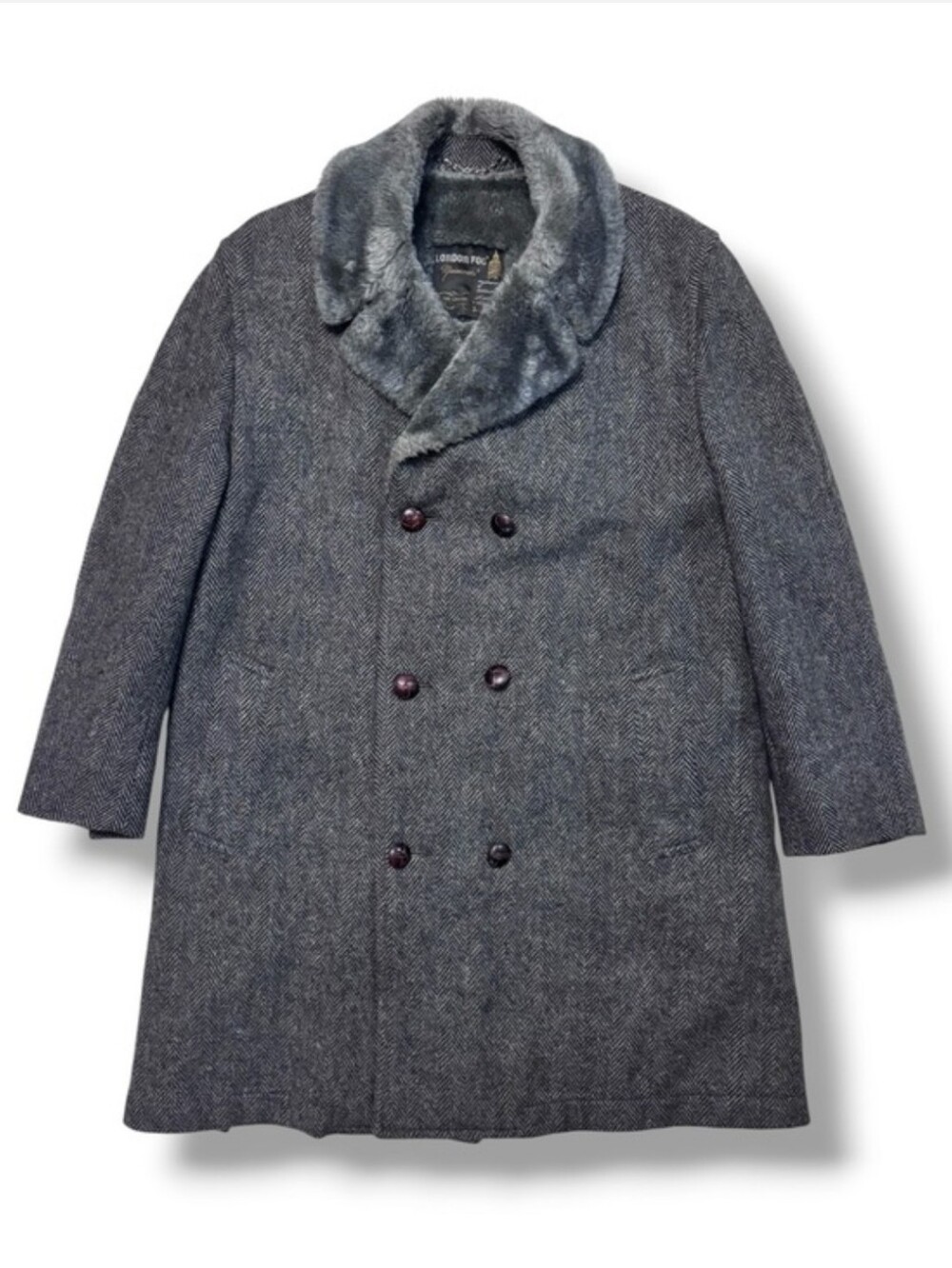 LONDON FOG Maincoats Double Breasted Wool Herringbone Top Coat Faux Fur Collar
